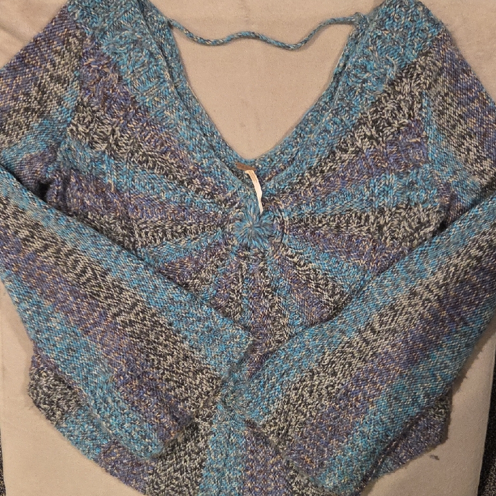 Free People V-Neck Sweater in Blue and Gray
